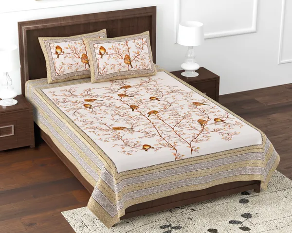 Yellow_Cotton_Avian_Harmony_Double_Bedsheet_With_Pillow_Cover_70X100_Cm